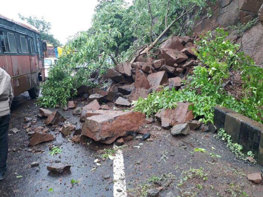 Kasara Ghat (Maharashtra): The site of landslide on Mumbai Nashik Highway near Kasara Ghat, Maharashtra on July 16, 2017. (Photo: IANS) by .