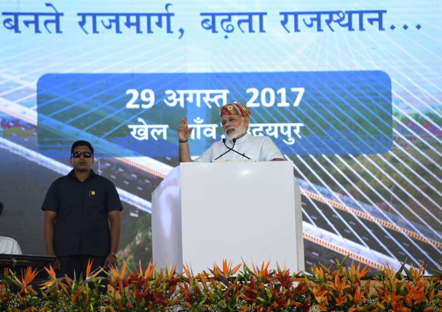 Udaipur: Prime Minister Narendra Modi delivers his address after inauguration and foundation stone laying for several major highway projects at Udaipur in Rajasthan on Aug 29, 2017. (Photo: IANS/PIB) by .