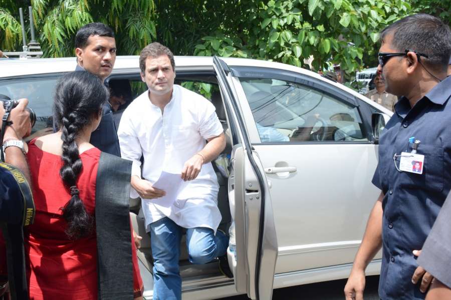 Lucknow: Congress vice president Rahul Gandhi arrives to meet officials of the National Highways Authority of India (NHAI) regarding compensation to the villagers whose land were acquired for a highway project, in Lucknow on Aug 1, 2017. (Photo: IANS) by .