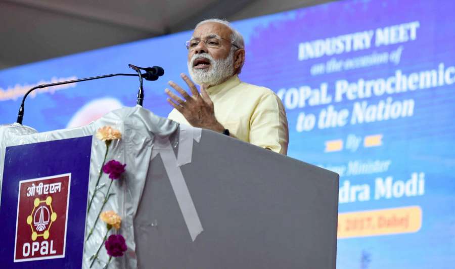 Dahej: Prime Minister Narendra Modi address during the Industry meet at ONGC Petro Additions Limited (OPAL), in Dahej, Gujarat, on March 7, 2017. (Photo: IANS/PIB) by .