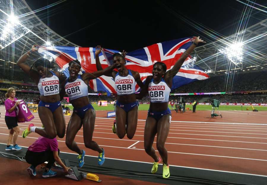 LONDON, Aug. 13, 2017 -- Athletes of the Britain celebrate after winning the women's 4x100m relay final on Day 9 at the IAAF World Championships 2017 in London, Britain on Aug. 12, 2017. Team of Britain took the silver medal with 42.12 seconds. (Xinhua/Han Yan/IANS) by .