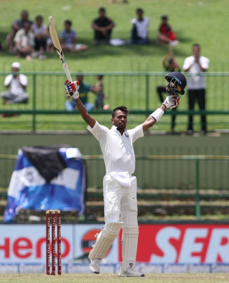 Pallekele: India's Hardik Pandya celebrates his century on Day 2 of the third test match between India and Sri Lanka at Pallekele International Cricket Stadium in Pallekele, Sri Lanka on Aug 13, 2017. (Photo: Surjeet Yadav/IANS) by .
