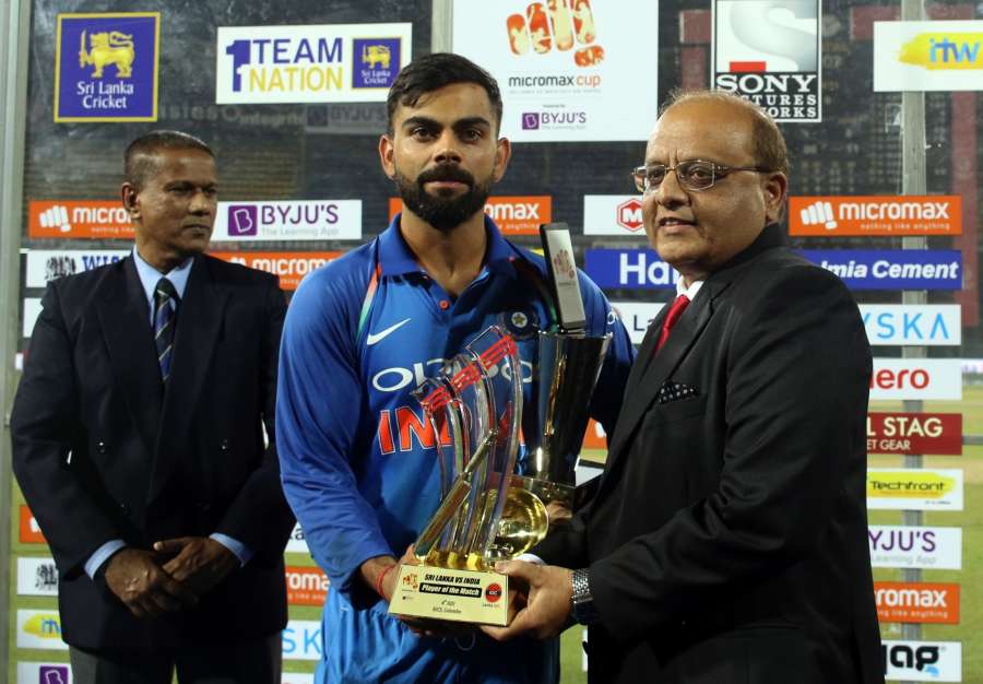Colombo: Indian skipper Virat Kohli player of the match during the fourth ODI match between India and Sri Lanka at R.Premadasa Stadium in Colombo, Sri Lanka on Aug 31, 2017. (Photo: Surjeet Yadav/IANS) by .