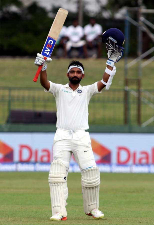 Colombo: India's Ajinkaya Rahane celebrates his century on Day 1 of the second test match between India and Sri Lanka at Sinhalese Sports Club Ground in Colombo, Sri Lanka on Aug 3, 2017. (Photo: Surjeet Yadav/IANS) by .
