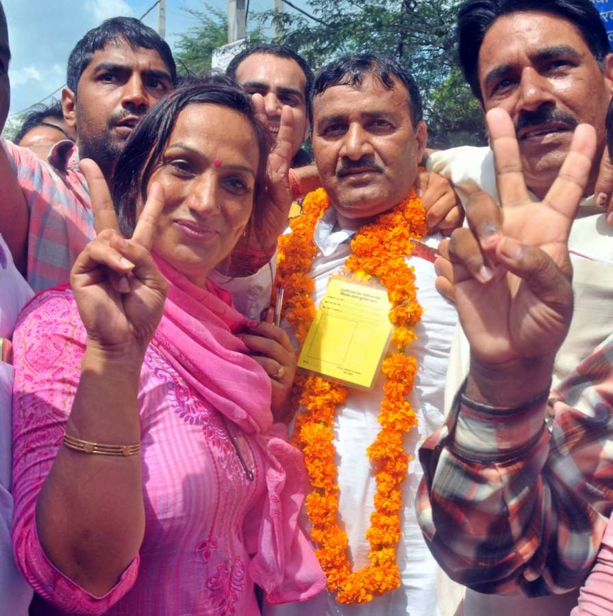 New Delhi: AAP candidate Ram Chander celebrates after winning the Bawana assembly bypoll in New Delhi on Aug 28, 2017. (Photo: IANS) by .