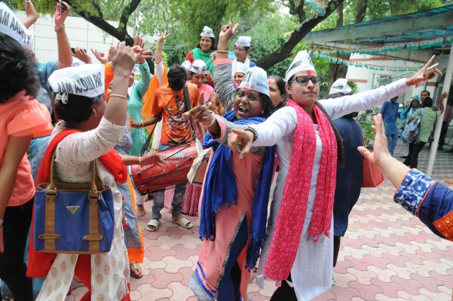 New Delhi: AAP supportes celebrate after they won the Bawana assembly bypoll in New Delhi on Aug 28, 2017. (Photo: IANS) by .