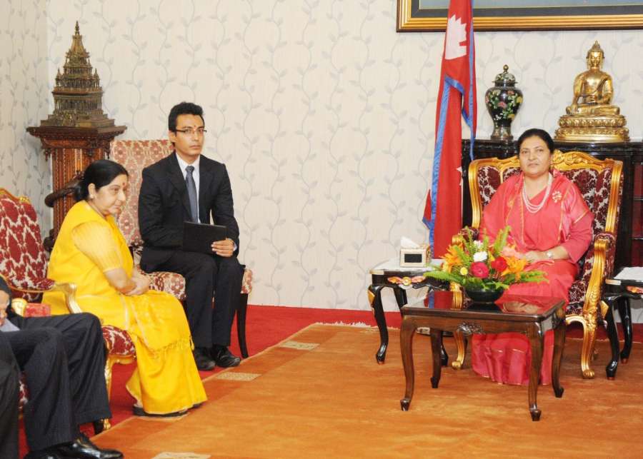 Kathmandu: External Affairs Minister Sushma Swaraj calls on Nepal President Bidya Devi Bhandari in Kathmandu on Aug 10, 2017. (Photo: IANS/MEA) by .
