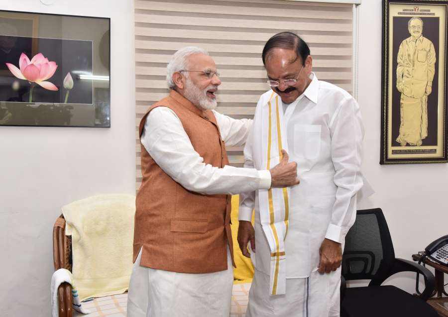 New Delhi: Prime Minister Narendra Modi congratulates M. Venkaiah Naidu on being elected India's 13th Vice President at his residence, in New Delhi on Aug 5, 2017. (Photo: IANS/PIB) by .