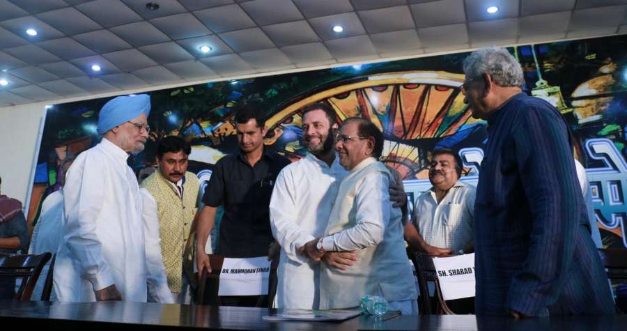 New Delhi: Former Prime Minister Manmohan Singh, CPI(M) general secretary Sitaram Yehchury, former JD(U) chief Sharad Yadav and Congress Vice President Rahul Gandhi during the 'Sajha Virasat Bachao' (Save Composite Culture) conference in New Delhi on Aug 17, 2017. (Photo: IANS) by .