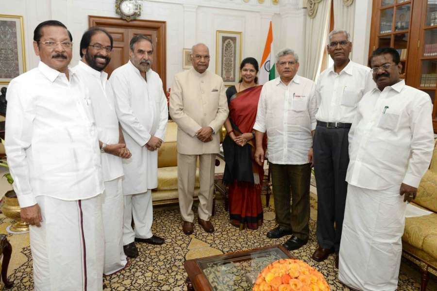 New Delhi: CPI-M General Secretary Sitaram Yechury, DMK MP Kanimozhi, CPI MP D. Raja and Congress MP Anand Sharma call on President Ram Nath Kovind at Rashtrapati Bhavan in New Delhi on Aug 31, 2017. The delegation urged the President to ensure that a floor test is conducted in the Tamil Nadu assembly so that the Edappadi Palaniswami government proves its majority. (Photo: IANS) by .