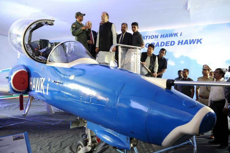 Bengaluru: Union Finance and Defence Minister Arun Jaitley during the launch of production of HAL designed 5.8 ton category Light Combat Helicopter and dedicate HAL's Hawk-i to the nation at HAL in Bengaluru on Aug 26, 2017. Also seen Defence Production Secretary and HAL Suvarna Chairman Raju Ashok Kumar Gupta. (Photo: IANS) by .