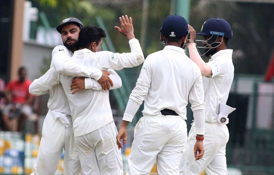Colombo: Virat Kohli of celebrates fall of a wicket on Day 4 of the second test match between India and Sri Lanka at Sinhalese Sports Club Ground in Colombo, Sri Lanka on Aug 6, 2017. (Photo: Surjeet Yadav/IANS) by .