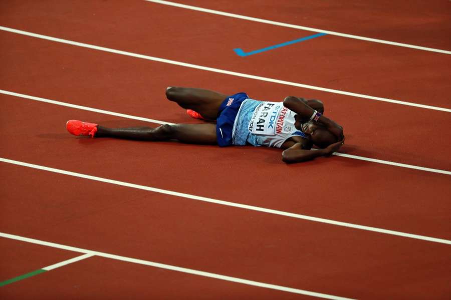 LONDON, Aug. 13, 2017 (Xinhua) -- Mohamed Farah of Britain falls on the track after Men's 5000 Metres Final on Day 9 of the 2017 IAAF World Championships at London Stadium in London, Britain, on Aug. 12, 2017. Mohamed Farah took the silver medal with 13 minutes 33.22 seconds. (Xinhua/Luo Huanhuan/IANS) by .