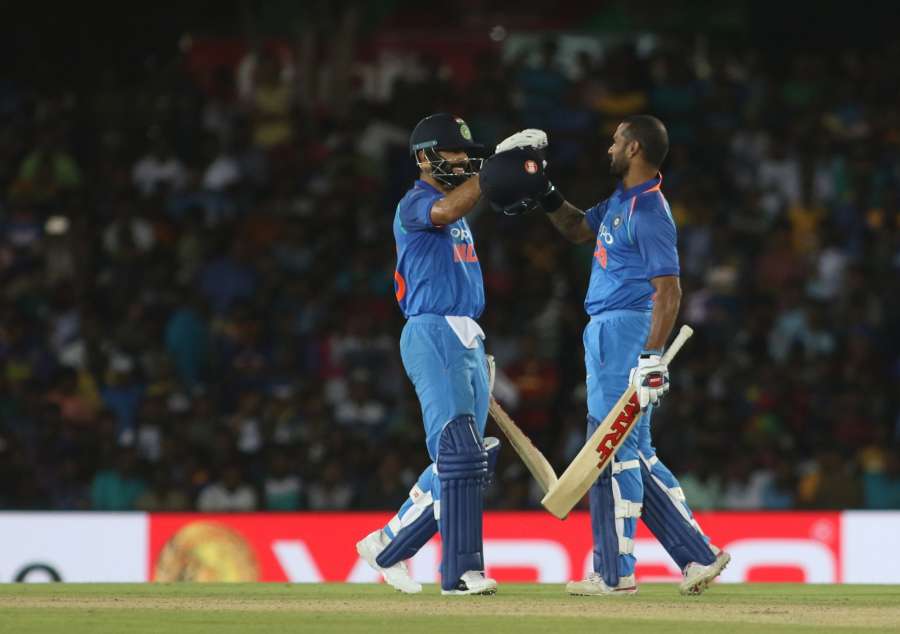 Dambulla: Shikhar Dhawan of India celebrates his century during the first ODI International cricket match between India and Sri Lanka at Rangiri Dambulla International Stadium in Dambulla, Sri Lanka on Aug 20, 2017. (Photo: Surjeet Yadav/IANS) by .