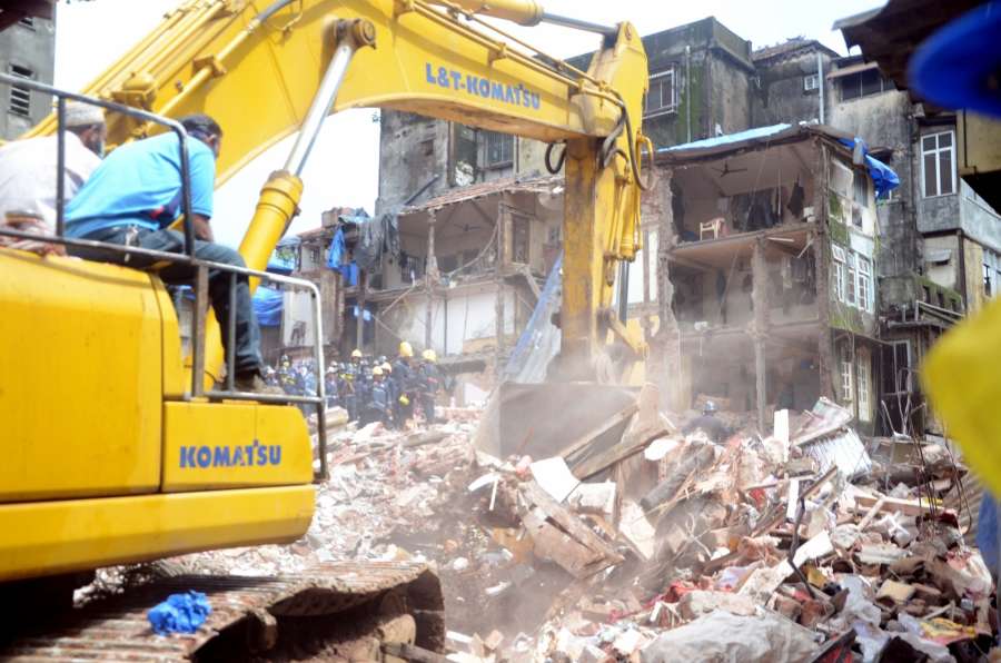 Mumbai: Rescue operations underway after a six-storeyed old residential building collapsed near J.J. Hospital in Mumbai on Aug 31, 2017. At least 10 persons were killed and another 20 injured in the incident. (Photo: IANS) by .
