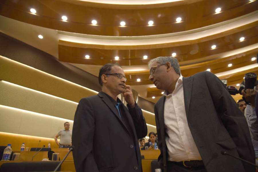 Bengaluru: Infosys' newly appointed interim CEO U B Pravin Rao along with Infosys co-chairman Ravi Venkatesan during Infosys' press conference in Bengaluru on Aug 18, 2017. (Photo: IANS) by .