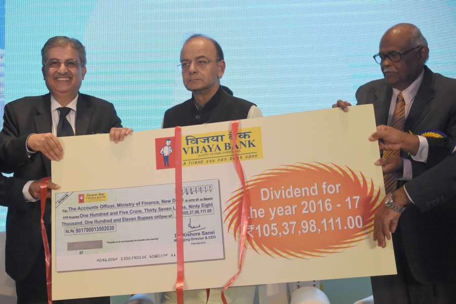 Bengaluru: Union Finance and Defence Minister Arun Jaitley and Vijaya Bank MD and CEO Dr. Kishore Sansi during the launch of Vijaya Bank's 100 Digital Villages, 100 Branches and 100 ATMs, in Bengaluru on Aug 26, 2017. (Photo: IANS) by .