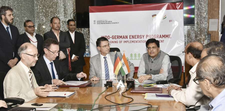 New Delhi: Union MoS Power (Independent Charge) Piyush Goyal addresses at the signing ceremony of Implementation Agreement of Indo-German Energy Programme- Green Energy Corridors (IGEN-GEC) between MNRE and GIZ in New Delhi on Aug 28, 2017. Also seenn Germany Ambassador to India, Dr. Martin Ney. (Photo: IANS/PIB) by .