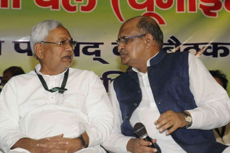 Patna: Bihar Chief Minister Nitish Kumar along with JD(U)'s Chief General Secretary and National Spokesperson K. C. Tyagi during the party's national executive meeting in Patna on Aug 19, 2017. (Photo: IANS) by .