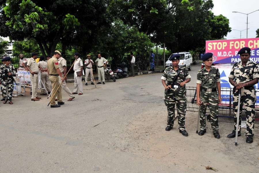 Panchkula: Security beefed up ahead of of the Aug 25 verdict of the CBI court in the rape case against Dera Sacha Sauda chief Gurmeet Ram Rahim Singh in Panchkula district of Haryana on Aug 23, 2017. (Photo: IANS) by .