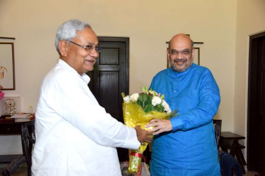 New Delhi: Bihar Chief Minister Nitish Kumar meets BJP chief Amit Shah at latter's residence in New Delhi, on Aug 11, 2017. (Photo: IANS) by .