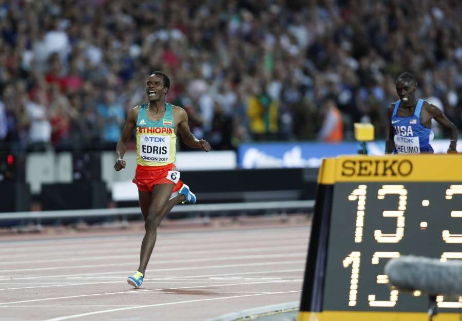 LONDON, Aug. 13, 2017 (Xinhua) -- Muktar Edris of Ethiopia reacts after Men's 5000 Metres Final on Day 9 of the 2017 IAAF World Championships at London Stadium in London, Britain, on Aug. 12, 2017. Muktar Edris claimed the title with 13 minutes 32.79 seconds. (Xinhua/Han Yan/IANS) by .