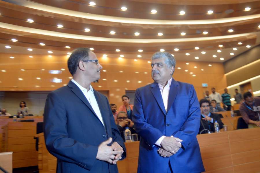 Bengaluru: Newly appointed Non Executive Chairman of Infosys Nandan Nilekani and interim CEO UB Pravin Rao during a press conference of Infosys, in Bengaluru on Aug 25, 2017. (Photo: IANS) by .