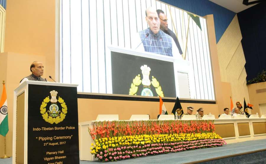New Delhi: Home Minister Rajnath Singh addresses at the Pipping ceremony on promotion of officers and personnel of Indo Tibetan Border Police (ITBP) in New Delhi on Aug 21, 2017. (Photo: IANS/PIB) by .