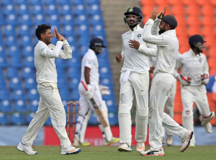 Pallekele: India's Kuldeep Yadav celebrates fall of Dilruwan Perera's wicket on Day 2 of the third test match between India and Sri Lanka at Pallekele International Cricket Stadium in Pallekele, Sri Lanka on Aug 13, 2017. (Photo: Surjeet Yadav/IANS) by .