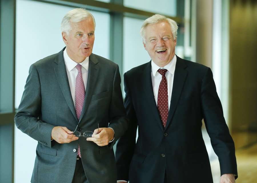 BRUSSELS, Aug. 28, 2017 (Xinhua) -- British Brexit Secretary David Davis (R) and European Union's chief Brexit negotiator Michel Barnier arrive to address the media prior to the third round of Brexit talks in Brussels, Belgium, Aug. 28, 2017. The European Union (EU) on Monday urged Britain to take a more serious stance and quickly provide official positions on all Brexit issues as the latter called for more "flexibility and imagination" on both sides in the third round talks. (Xinhua/Ye Pingfan/IANS) by .