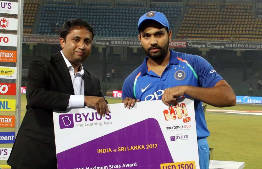 Colombo: India's Rohit Sharma receives Maximum Sixes awards during the fourth ODI match between India and Sri Lanka at R.Premadasa Stadium in Colombo, Sri Lanka on Aug 31, 2017. (Photo: Surjeet Yadav/IANS) by .