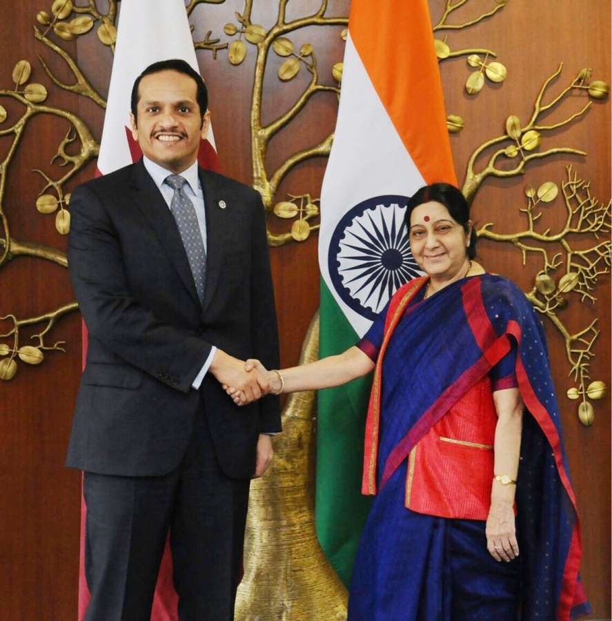 New Delhi: Qatar's Minister of Foreign Affairs Sheikh Mohammed Bin Abdul Rahman Al-Thani calls on External Affairs Minister Sushma Swaraj during his two-day visit to India in New Delhi on Aug 26, 2017. (Photo: IANS/Twitter@MEAIndia) by .