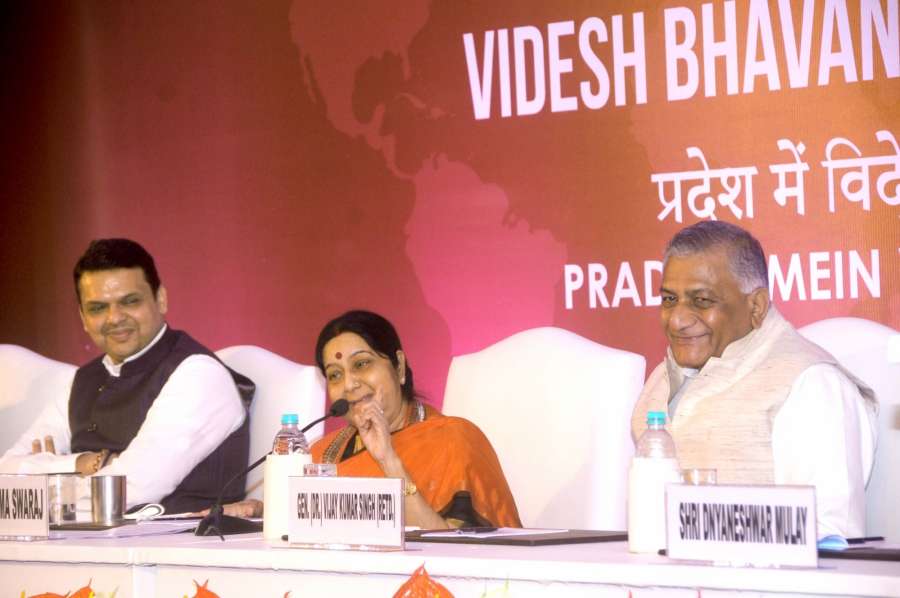 Mumbai: External Affairs Minister Sushma Swaraj addresses during the inauguration of Videsh Bhavan in Mumbai on Aug 27, 2017. Also seen Maharashtra Chief Minister Devendra Fadanavis and retired Army General V.K Singh. (Photo: IANS) by .