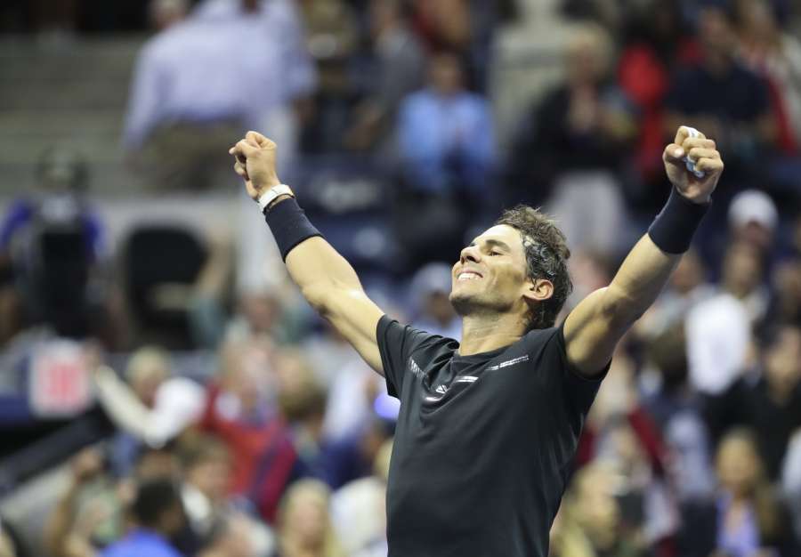 NEW YORK, Sept. 9, 2017 (Xinhua) -- Rafael Nadal of Spain celebrates after winning the men's singles semifinal match against Juan Martin del Potro of Argentinaat the 2017 U.S. Open in New York, the United States, Sept. 8, 2017. Rafael Nadal won 3-1 to enter the final. (Xinhua/Wang Ying/IANS) by .