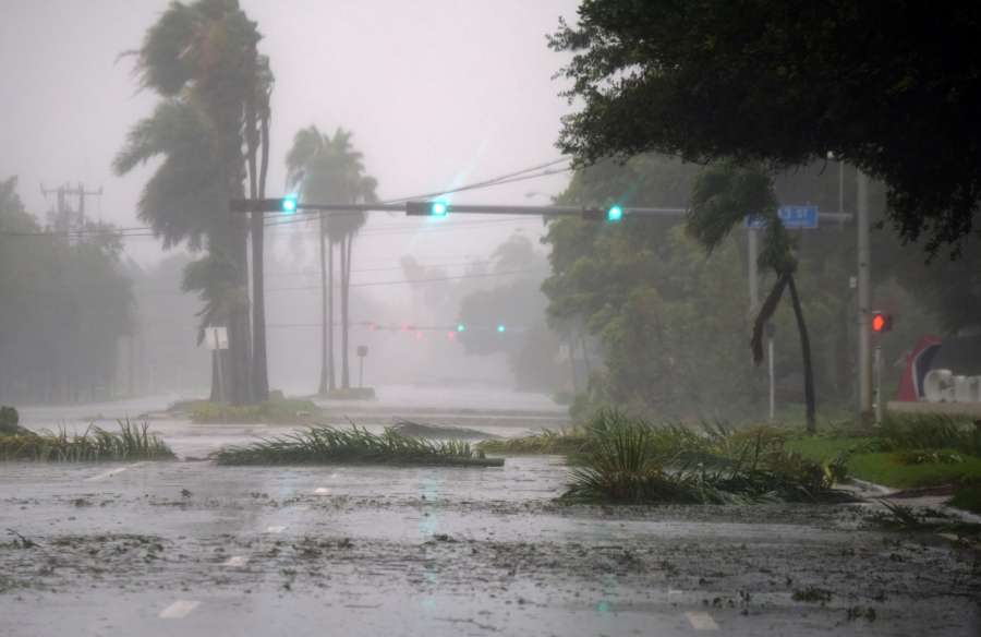 MIAMI, Sept. 10, 2017 (Xinhua) -- Trees and branches are seen on a street after being torn down by strong winds as hurricane Irma arrives, in Miami, Florida, the United States, on Sept. 10, 2017. Category Four Hurricane Irma on Sunday morning made landfall in the Florida Keys with gust wind speed of 171 km/h, according to the National Hurricane Center (NHC). (Xinhua/Yin Bogu/IANS) by .