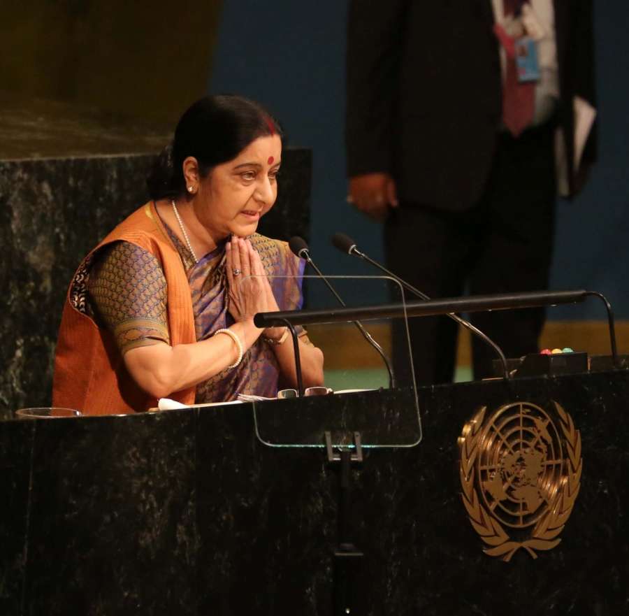 New York: External Affairs Minister Sushma Swaraj greets while speaking at the United Nations General Assembly (UNGA) in New York on Sept. 23, 2017. (Photo: IANS) by .