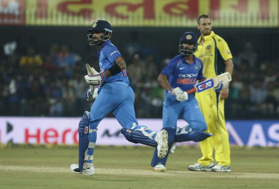 Indore: Indian skipper Virat Kohli and Ajinkya Rahane during the third ODI cricket match between India and Australia at Holkar Cricket Stadium in Indore on Sept 24, 2017. (Photo: Surjeet Yadav/IANS) by .