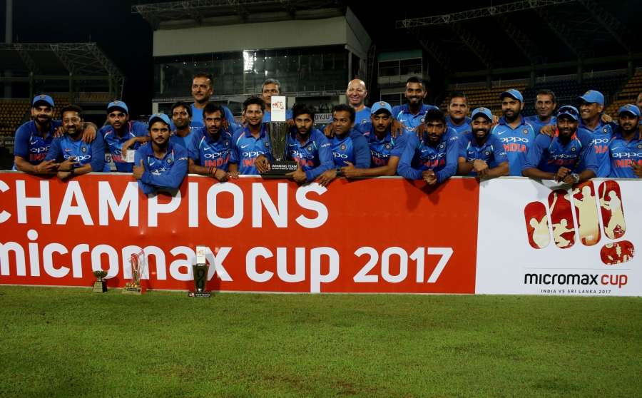 Colombo: Indian cricketers with the trophy after winning the ODI match series against Sri Lanka at R.Premadasa Stadium in Colombo, Sri Lanka on Sept 3, 2017. (Photo: Surjeet Yadav/IANS) by .