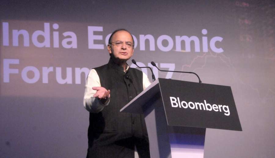 Mumbai: Union Minister for Finance and Corporate Affairs Arun Jaitley addresses at the India Economic forum organised by the Bloomberg in Mumbai on Sept 22, 2017. (Photo: IANS/PIB) by .