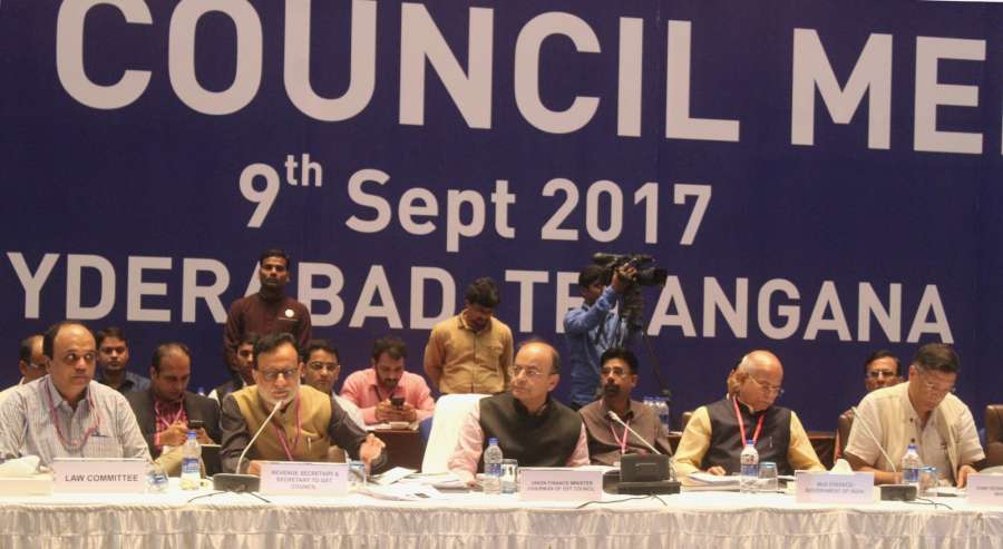 Hyderabad: Union Finance Minister Arun Jaitley at the 21st GST Council meeting in Hyderabad on Sept 9, 2017. Also seen Union MoS Finance Shiv Pratap Shukla, Revenue Secretary Hasmukh Adhia and Chief Economic Adviser Arvind Subramanian. (Photo: IANS/PIB) by .