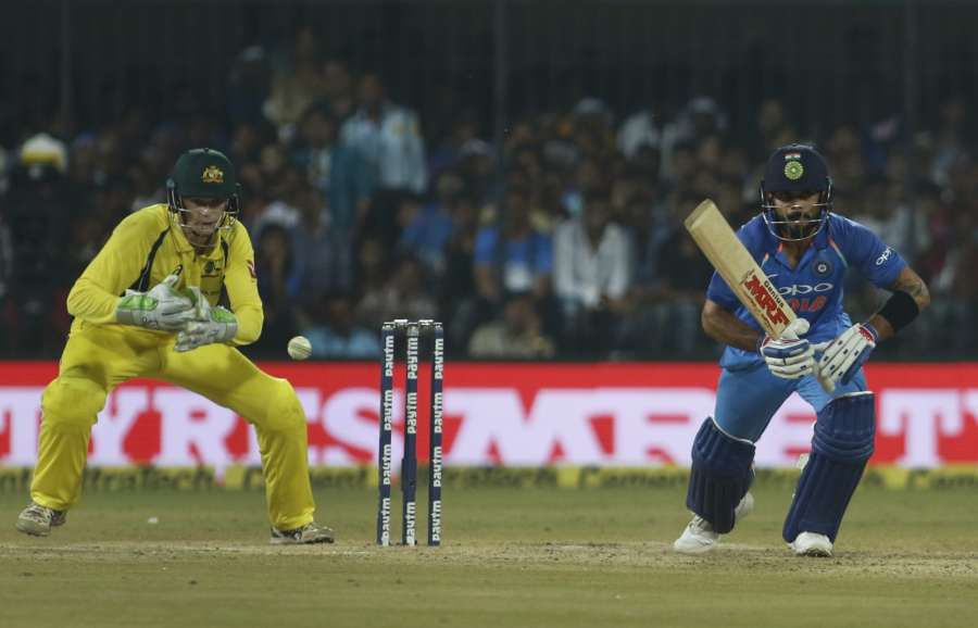 Indore: Indian skipper Virat Kohli in action during the third ODI cricket match between India and Australia at Holkar Cricket Stadium in Indore on Sept 24, 2017. (Photo: Surjeet Yadav/IANS) by .
