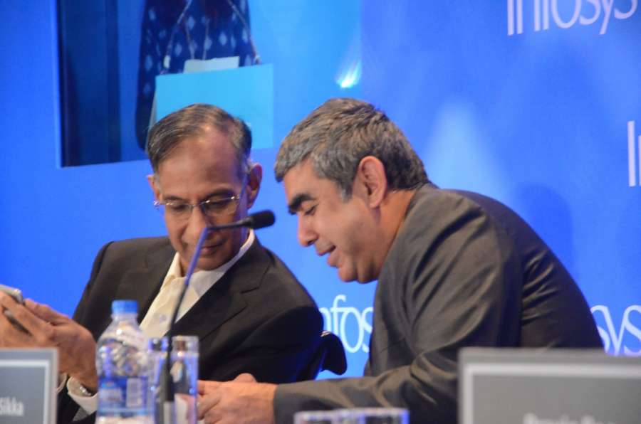 Mumbai: Infosys Chairman R Seshasayee and CEO Vishal Sikka addresses during a press conference in Mumbai on Feb 13, 2017. (Photo: Sandeep Mahankal/IANS) by .