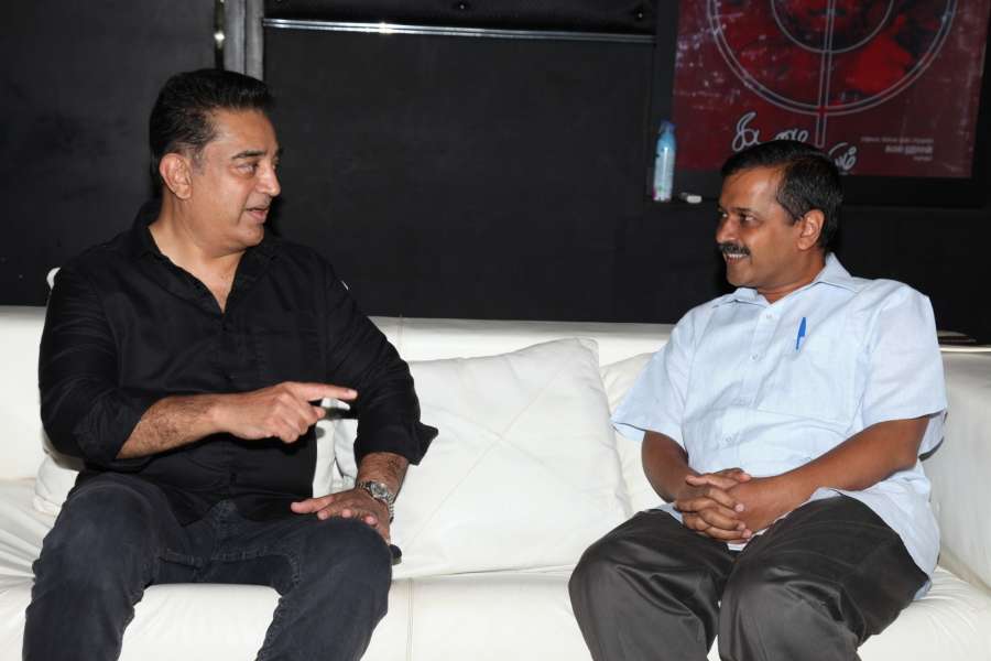 Chennai: Actor Kamal Haasan and Delhi Chief Minister Arvind Kejriwal at his residence in Chennai on Sept 21, 2017. (Photo: IANS) by .