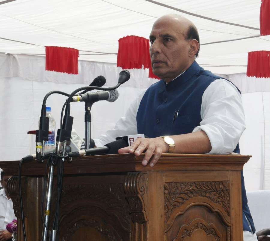 Anantnag: Union Home Minister Rajnath Singh addresses Police personnel during his visit to the Jammu and Kashmir Police Lines in Anantnag district of Jammu and Kashmir on Sept 10, 2017. (Photo: IANS/PIB) by .