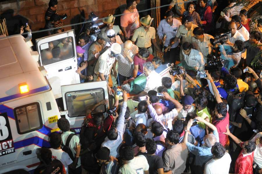 Bengaluru: The body of Senior journalist Gauri Lankesh, who was shot dead by unidentified men at her residence, Rajarajeshwari Nagar being taken away; in Bengaluru on Sept 5, 2017. (Photo: IANS) by .