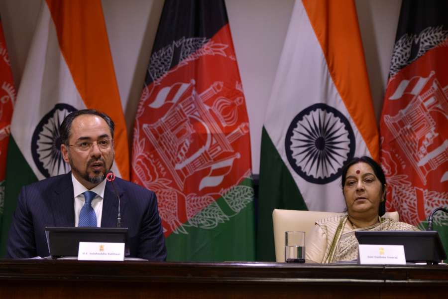 New Delhi: External Affairs Minister Sushma Swaraj and Afghanistan Foreign Minister Salahuddin Rabbani during a joint press conference in New Delhi on Sept 11, 2017. (Photo: IANS) by .