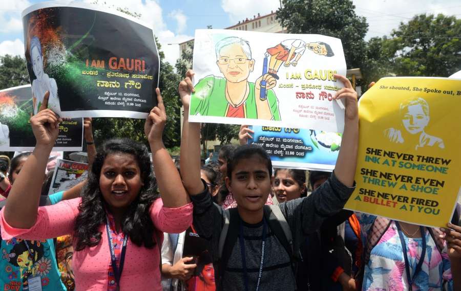 Bengaluru: People participate in a protest rally against the killing of journalist turned activist Gauri Lankesh at Central College Ground in Bengaluru on Sept 12, 2017. (Photo: IANS) by .