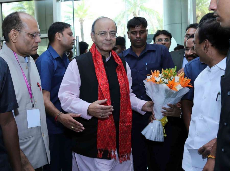 Hyderabad: Union Finance Minister Arun Jaitley being welcomed on his arrival to attend the 21st GST Council meeting in Hyderabad on Sept 9, 2017. (Photo: IANS) by .