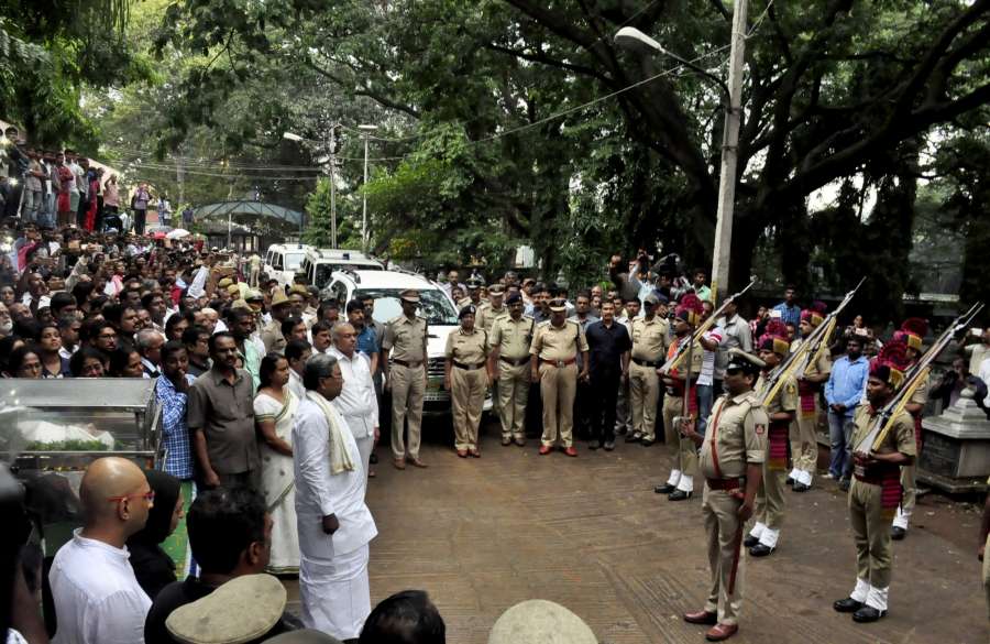 Bengaluru: Karnataka Chief Minister Siddaramaiah take part at the funeral procession of Bengalaru journalist-turned-activist Gauri Lankesh in Bengaluru on Sept 6, 2017. Editor of the weekly Kannada tabloid "Lankesh Patrika", Lankesh was shot dead by unidentified men at her residence on Sept 5, 2017. (Photo: IANS) by .