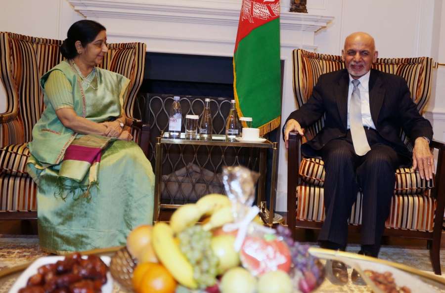 New York: External Affairs Minister Sushma Swaraj meeting AfghanistanPresident Ashraf Ghani at United Nations in New York on Sept. 20, 2017. (Photo: Mohammed Jaffer/IANS) by .